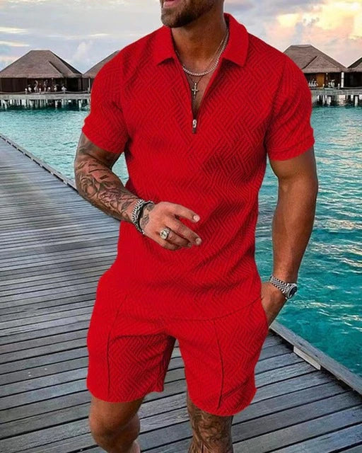 Men's Set Short Sleeve Zipper Shirt & Shorts Casual Two Piece Solid Color
