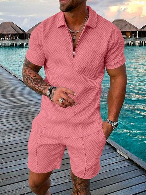 Men's Set Short Sleeve Zipper Shirt & Shorts Casual Two Piece Solid Color